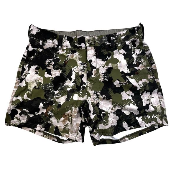 HUK Fishing Low Country Shorts Men’s XL Green Camo 6” Inseam Cargo Pocket - Picture 1 of 13